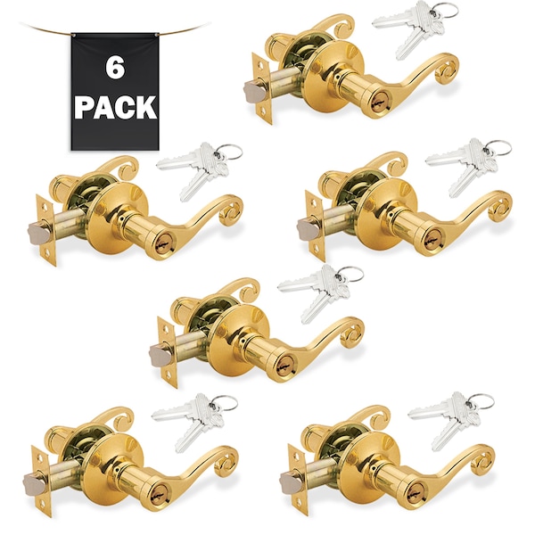 Premier Lock Decorative Entry Door Lever Lock Set Set of 6, Keyed Alike, Polished Brass, 6PK LEV05X-6 - main